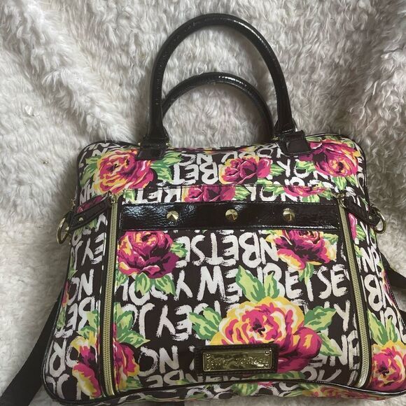 Betsey Johnson Nylon colorful large laptop shoulder bag black patent trim &strap - Picture 8 of 14